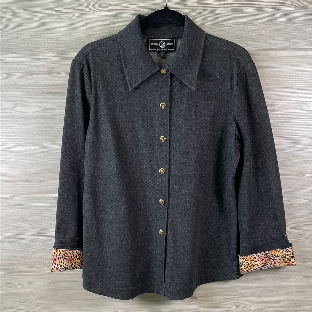St John Sport Gray Chambray Button Down Shirt Animal Print Cuffs Collar Small
